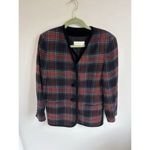 Vintage Liz Claiborne Red Black Plaid Button Front Blazer Holiday 8‎ Petite Wool